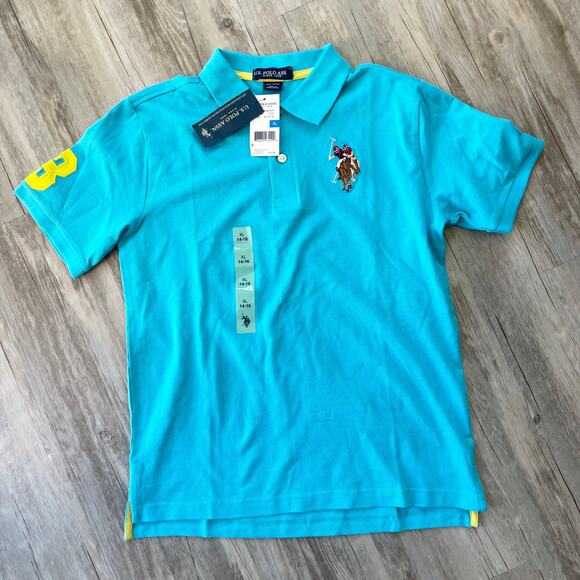 U.S. Polo Assn. Boys XL (14–16) Polo Shirt Logo #3 Turquoise Blue Yellow NWT - Picture 2 of 6